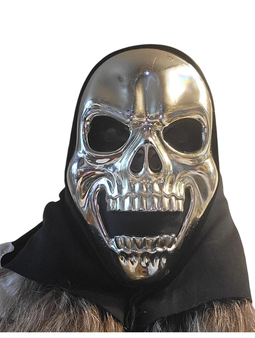 Vtg 90s Metallic Chrome Hooded Open Mouth Smile Skull Mask Teeth Adult
